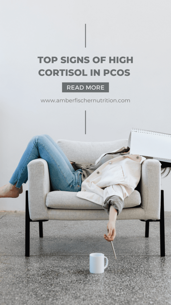 graphic depicting a fatigued woman with pcos and her high cortisol- top signs of high cortisol in pcos