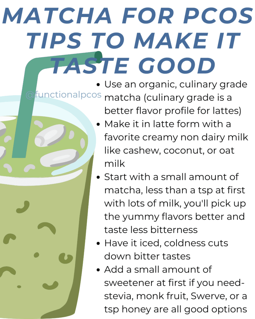 graphic with tips to make matcha for pcos taste good